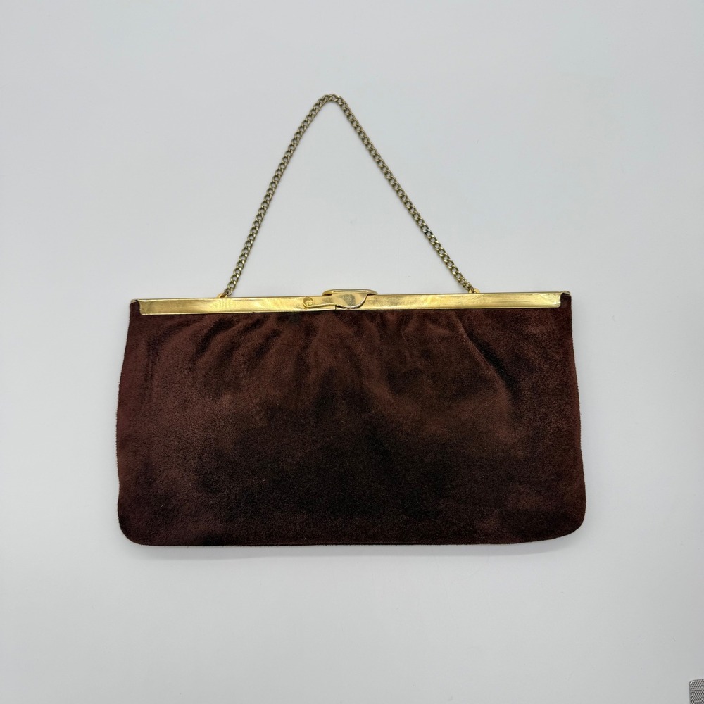 Vintage Harry Levine Handbag Suede & Chocolate Brown Suede Evening Clutch Gold